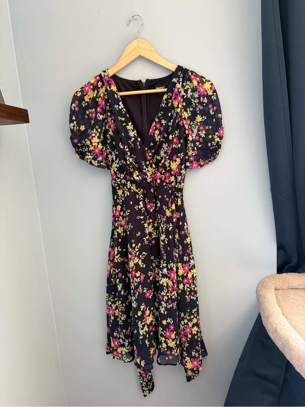 DKNY Navy Floral Midi Dress with Pink and Yellow Blooms